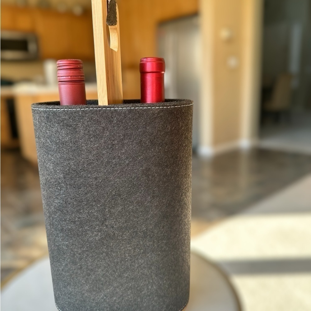 Gray Suede Wine Holder with Wooden Handle